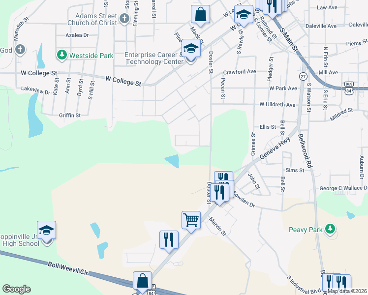 map of restaurants, bars, coffee shops, grocery stores, and more near 215 Chambers Street in Enterprise