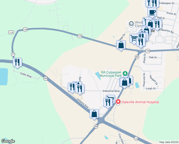 map of restaurants, bars, coffee shops, grocery stores, and more near 215 Lakeview Drive in Daleville