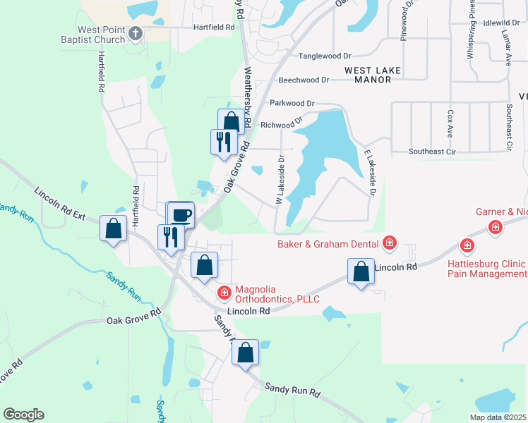 map of restaurants, bars, coffee shops, grocery stores, and more near 122 West Lakeside Drive in Hattiesburg