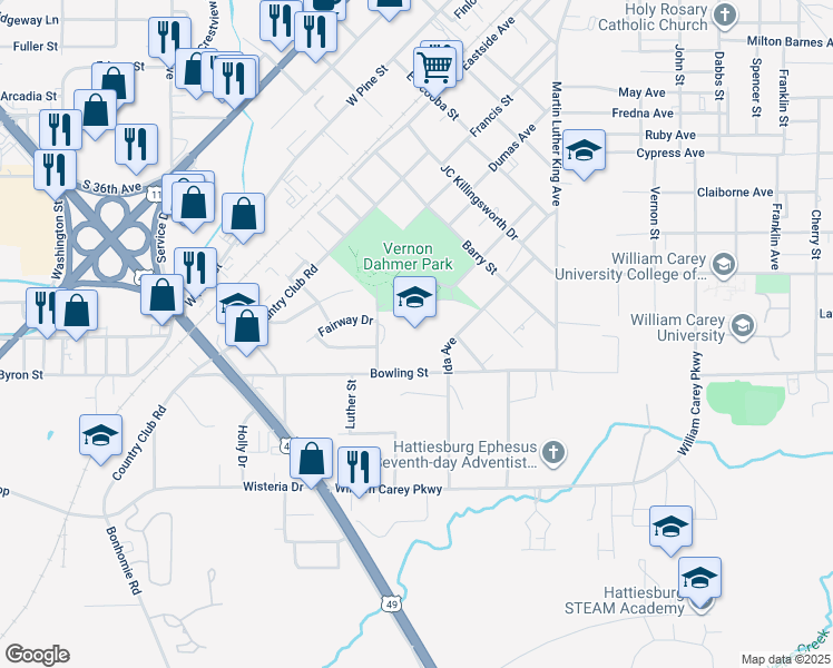 map of restaurants, bars, coffee shops, grocery stores, and more near 901 Ida Avenue in Hattiesburg