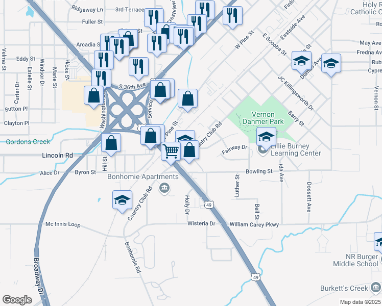 map of restaurants, bars, coffee shops, grocery stores, and more near 1400 Country Club Road in Hattiesburg