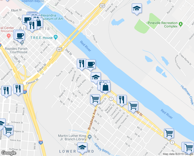 map of restaurants, bars, coffee shops, grocery stores, and more near 2319 Main Street in Alexandria