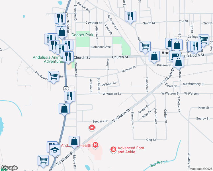 map of restaurants, bars, coffee shops, grocery stores, and more near 310 Perry Street in Andalusia