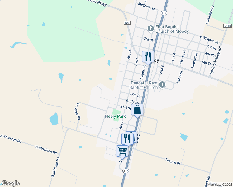 map of restaurants, bars, coffee shops, grocery stores, and more near 600 Avenue G in Moody