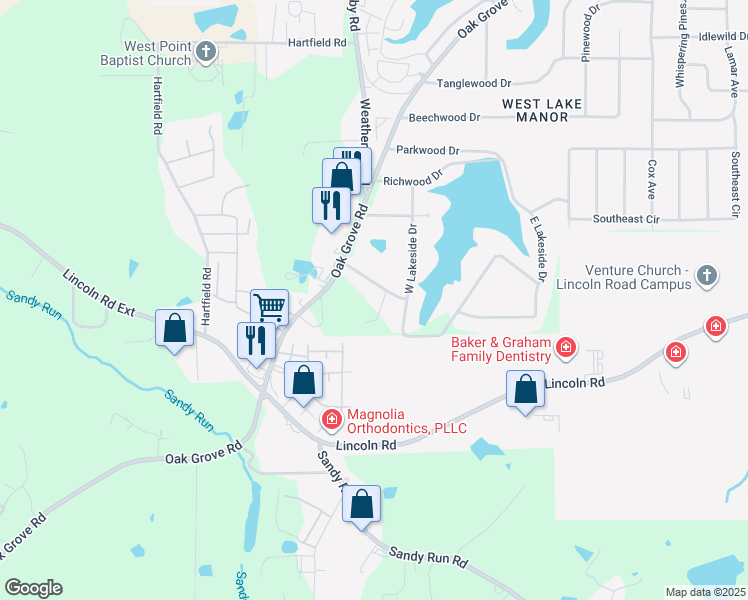 map of restaurants, bars, coffee shops, grocery stores, and more near 107 Greenwood Drive in Hattiesburg
