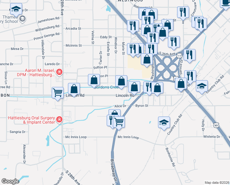 map of restaurants, bars, coffee shops, grocery stores, and more near 2102 Sunset Drive in Hattiesburg