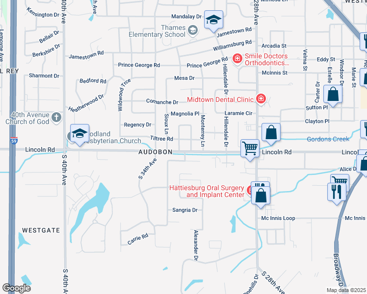 map of restaurants, bars, coffee shops, grocery stores, and more near 3006-3010 Tiltree Road in Hattiesburg