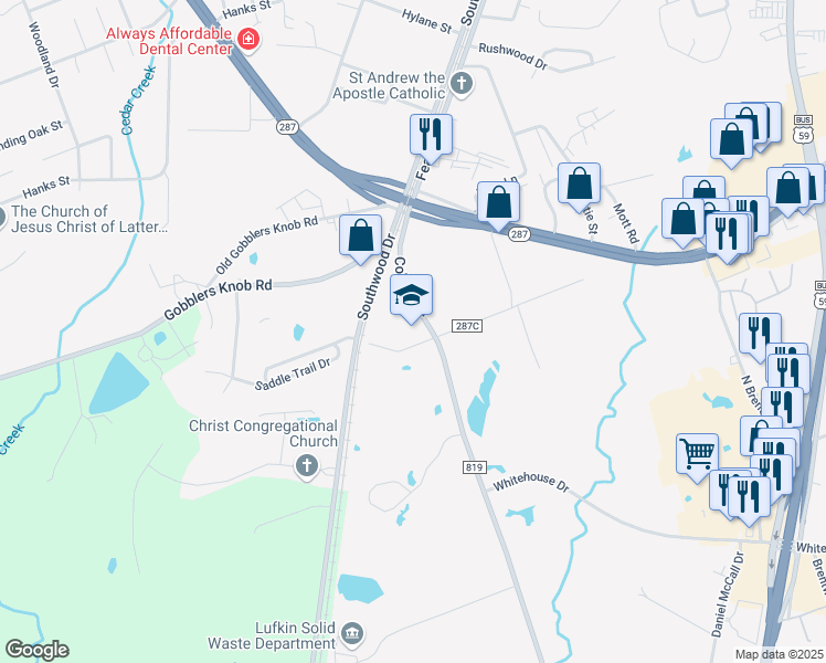 map of restaurants, bars, coffee shops, grocery stores, and more near 502 College Drive in Lufkin
