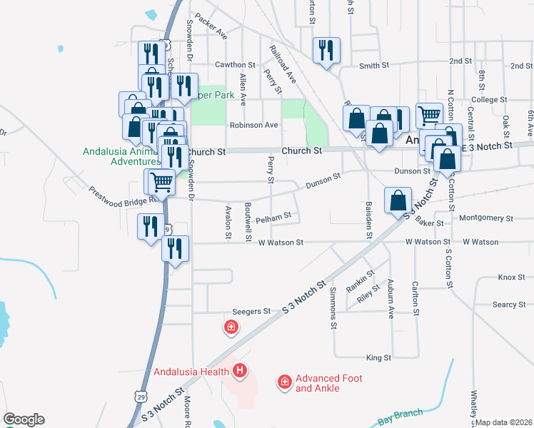 map of restaurants, bars, coffee shops, grocery stores, and more near 310 Perry Street in Andalusia
