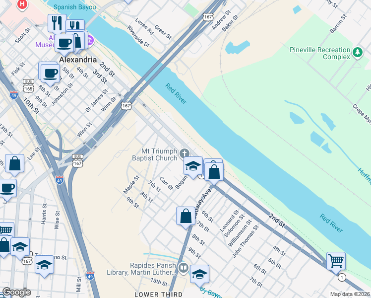 map of restaurants, bars, coffee shops, grocery stores, and more near 2130 Main Street in Alexandria