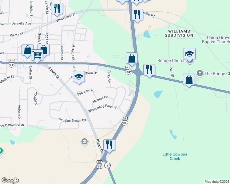map of restaurants, bars, coffee shops, grocery stores, and more near 208 Averett Avenue in Enterprise
