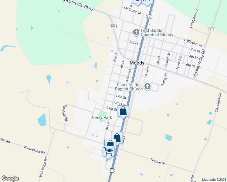 map of restaurants, bars, coffee shops, grocery stores, and more near 509 Avenue G in Moody