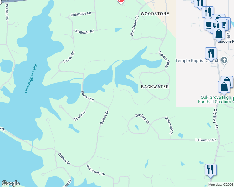 map of restaurants, bars, coffee shops, grocery stores, and more near 283-399 Balboa Drive in Hattiesburg