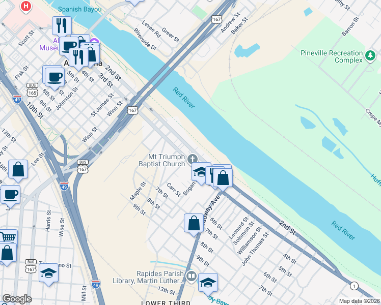 map of restaurants, bars, coffee shops, grocery stores, and more near 2130 Main St in Alexandria