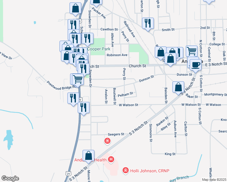 map of restaurants, bars, coffee shops, grocery stores, and more near 601 Dunson Street in Andalusia