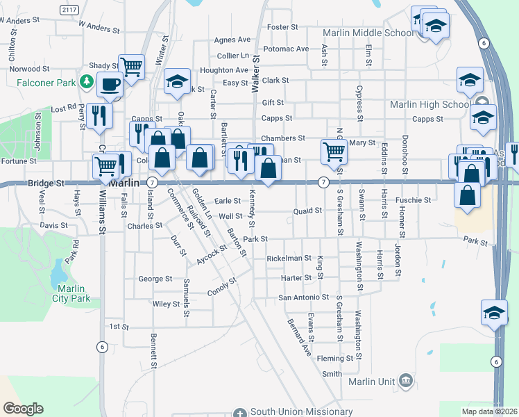 map of restaurants, bars, coffee shops, grocery stores, and more near 517 Quaid Street in Marlin
