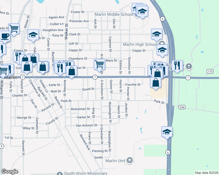 map of restaurants, bars, coffee shops, grocery stores, and more near 815 Quaid Street in Marlin