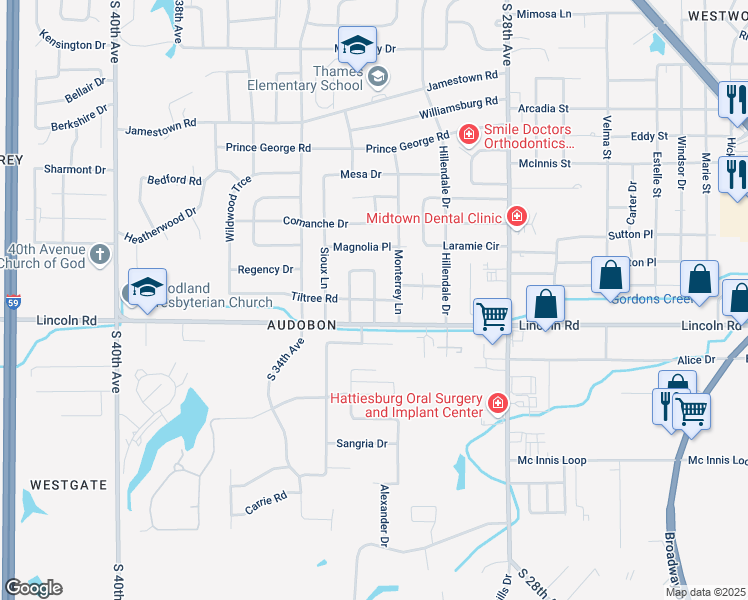 map of restaurants, bars, coffee shops, grocery stores, and more near 3006 Tiltree Road in Hattiesburg