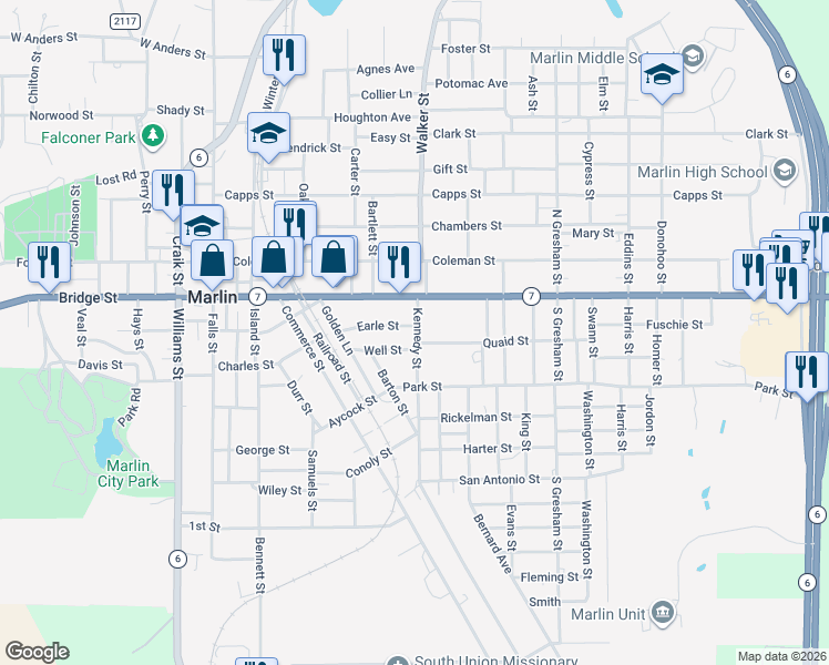 map of restaurants, bars, coffee shops, grocery stores, and more near 517 Quaid Street in Marlin