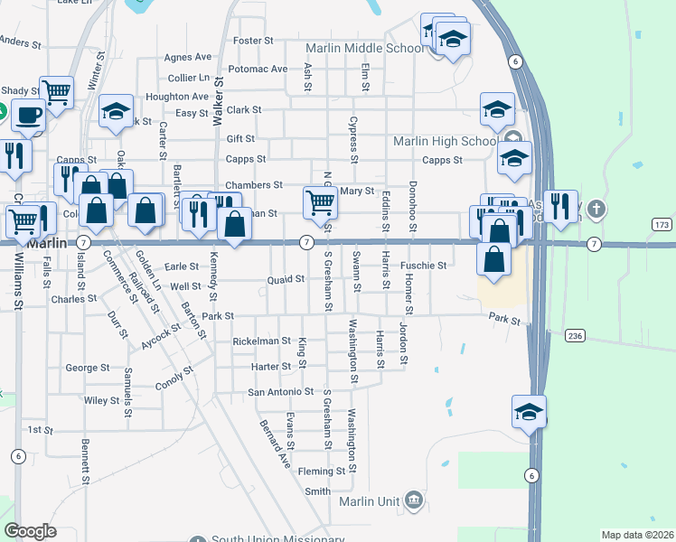 map of restaurants, bars, coffee shops, grocery stores, and more near 815 Quaid Street in Marlin