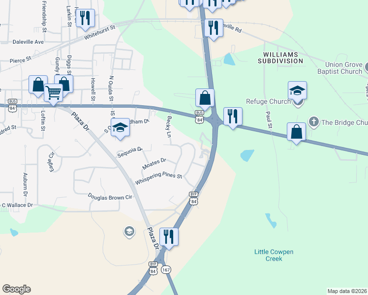 map of restaurants, bars, coffee shops, grocery stores, and more near 208 Averett Avenue in Enterprise