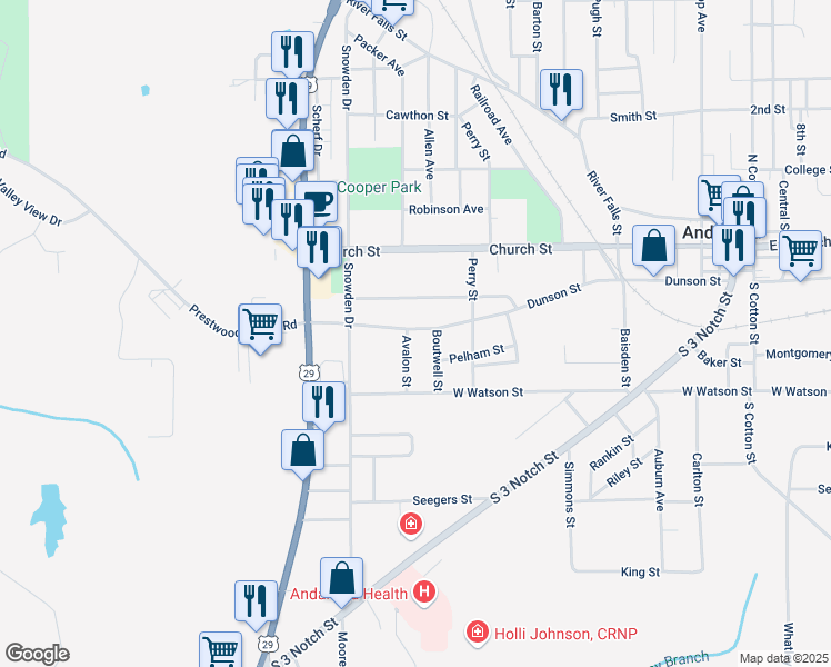 map of restaurants, bars, coffee shops, grocery stores, and more near 601 Dunson Street in Andalusia
