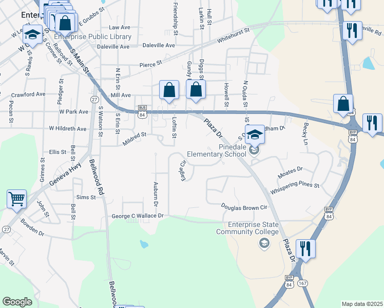 map of restaurants, bars, coffee shops, grocery stores, and more near 311 Eagle Circle in Enterprise