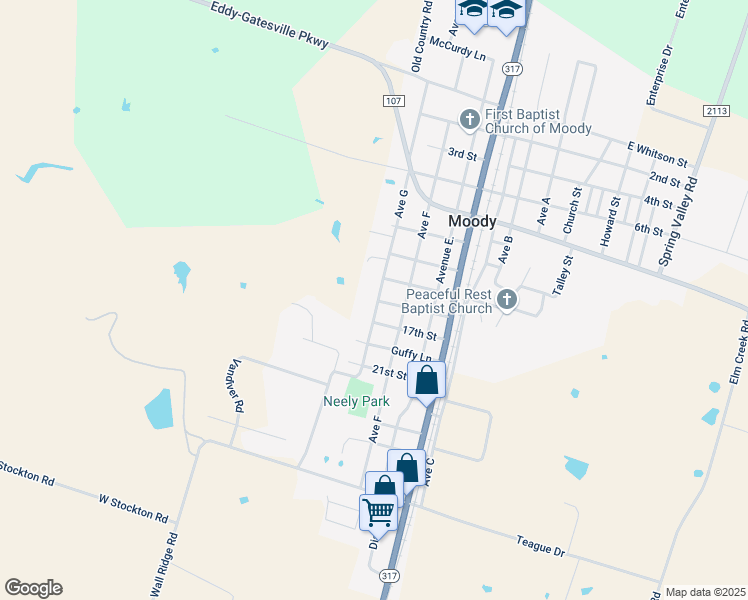 map of restaurants, bars, coffee shops, grocery stores, and more near 600 Ave G in Moody