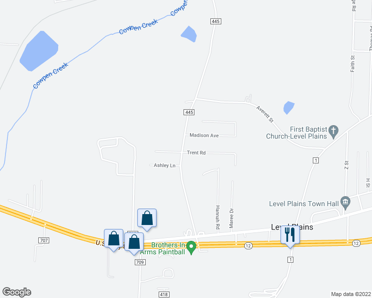 map of restaurants, bars, coffee shops, grocery stores, and more near 17 Trent Road in Enterprise