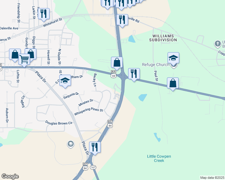 map of restaurants, bars, coffee shops, grocery stores, and more near 508 Whispering Pines Drive in Enterprise