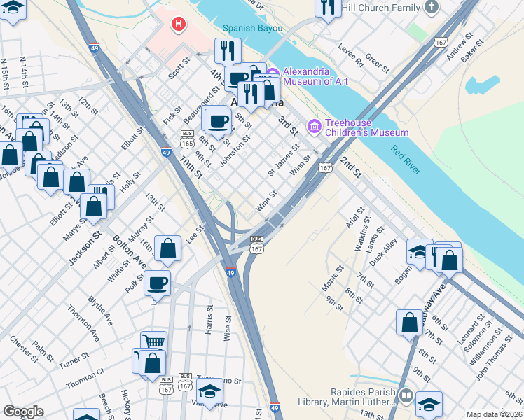 map of restaurants, bars, coffee shops, grocery stores, and more near 900-1002 Highway 1 in Alexandria