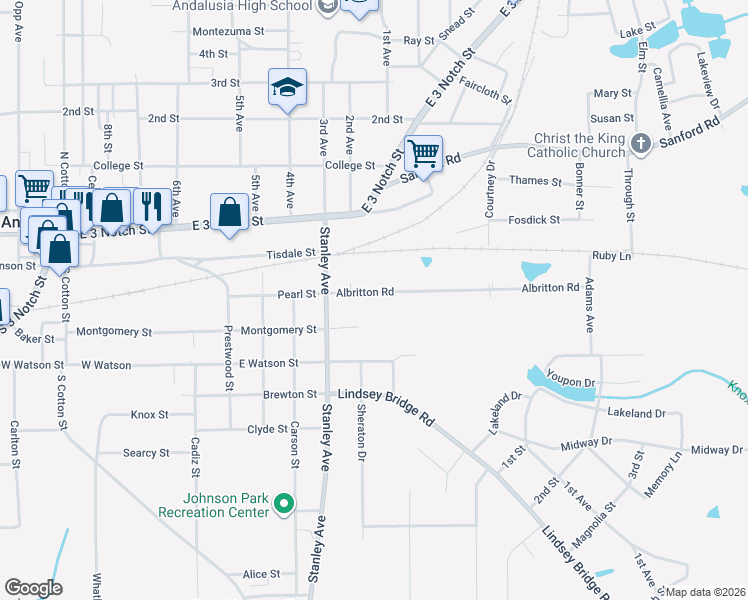 map of restaurants, bars, coffee shops, grocery stores, and more near 715 Montgomery Street in Andalusia
