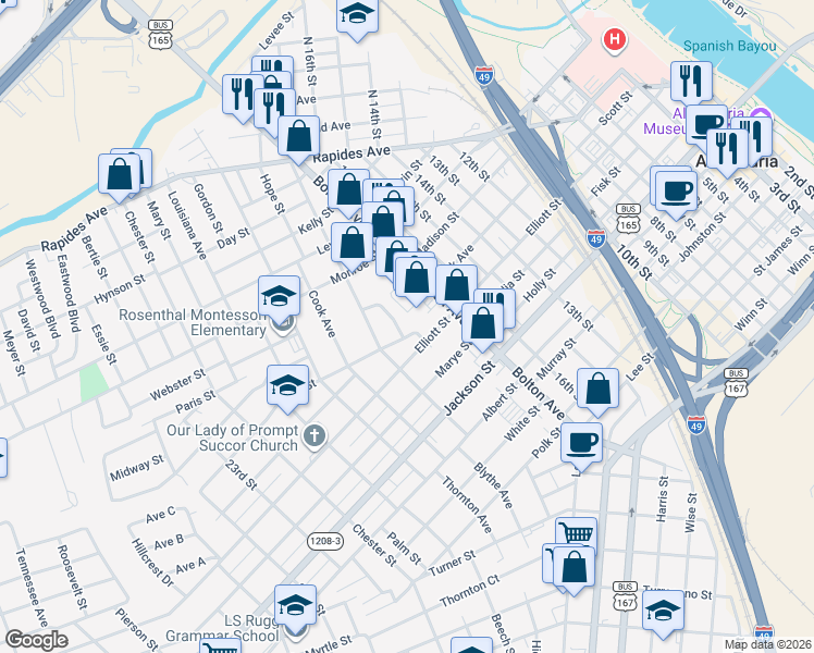 map of restaurants, bars, coffee shops, grocery stores, and more near 1775 Olive St in Alexandria