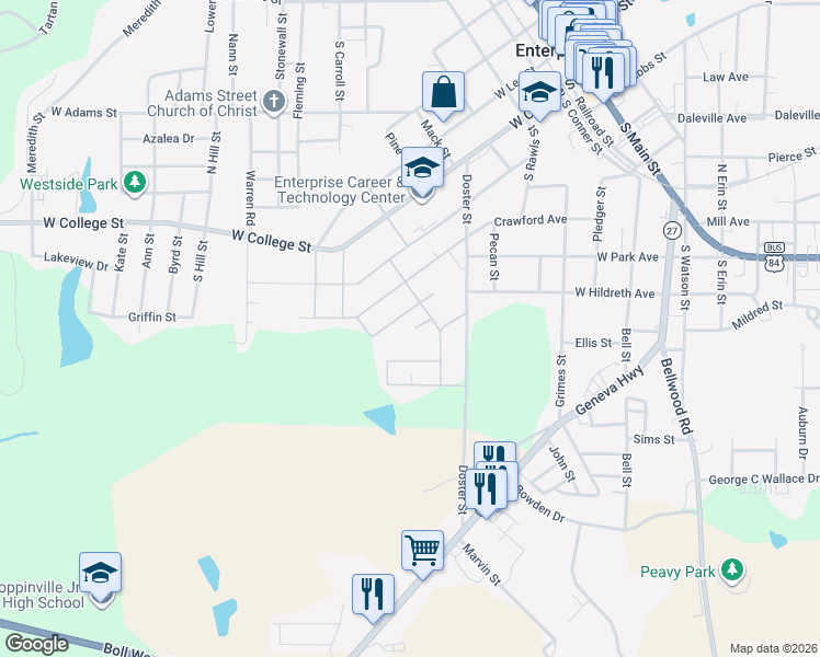 map of restaurants, bars, coffee shops, grocery stores, and more near 105 Bullard Drive in Enterprise