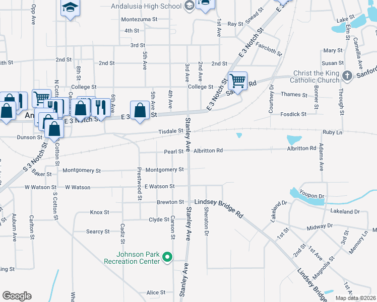 map of restaurants, bars, coffee shops, grocery stores, and more near 701 Albritton Road in Andalusia
