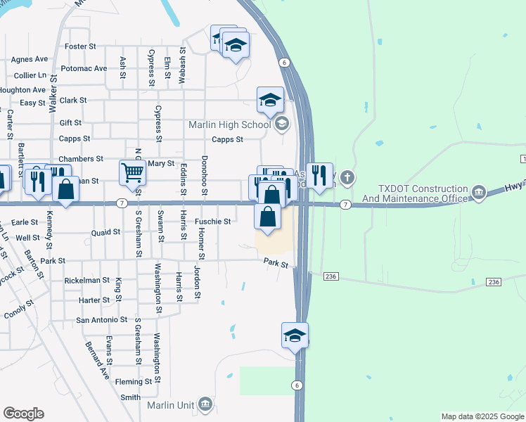 map of restaurants, bars, coffee shops, grocery stores, and more near 1301 Live Oak Street in Marlin