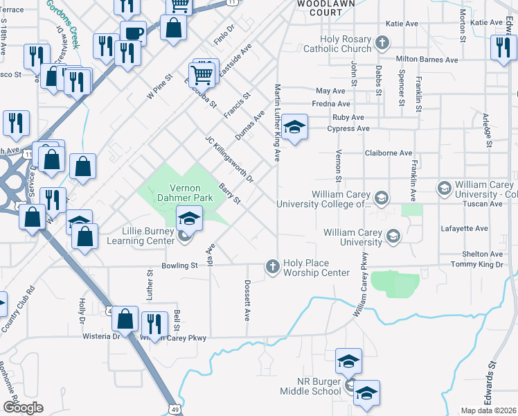 map of restaurants, bars, coffee shops, grocery stores, and more near 711 Ida Avenue in Hattiesburg