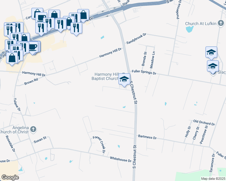 map of restaurants, bars, coffee shops, grocery stores, and more near 1404 Rice Drive in Lufkin
