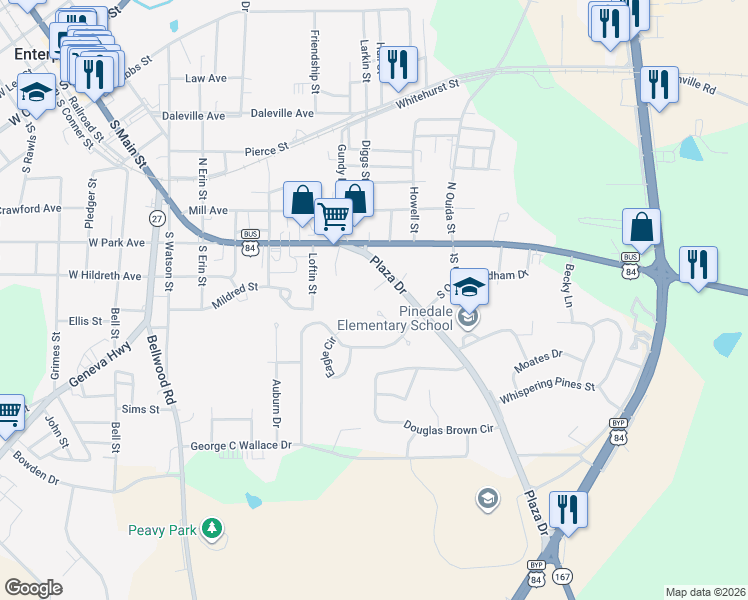map of restaurants, bars, coffee shops, grocery stores, and more near 108 West Carnegie Lane in Enterprise