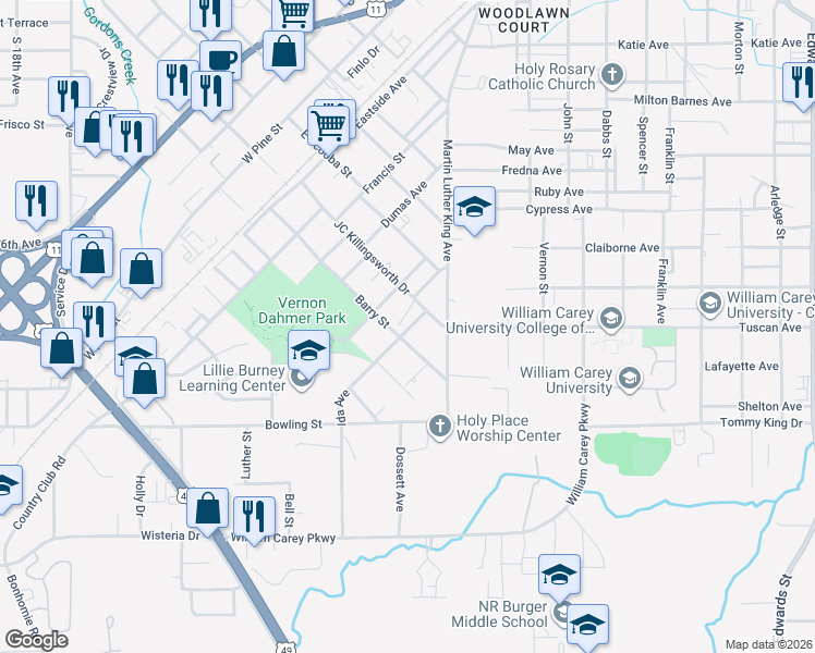 map of restaurants, bars, coffee shops, grocery stores, and more near 711 Ida Avenue in Hattiesburg
