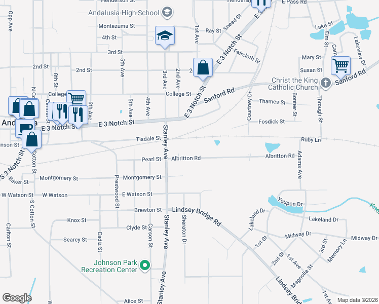 map of restaurants, bars, coffee shops, grocery stores, and more near 701-727 Albritton Road in Andalusia
