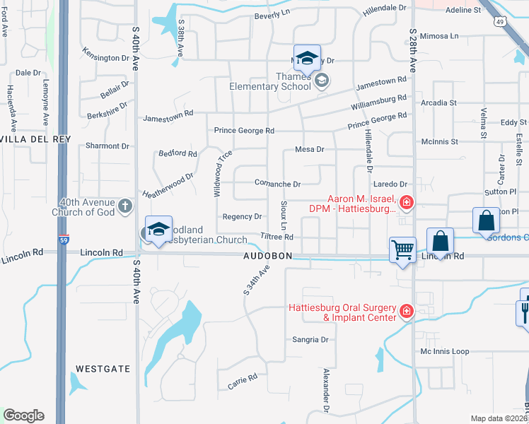 map of restaurants, bars, coffee shops, grocery stores, and more near 906 South 34th Avenue in Hattiesburg