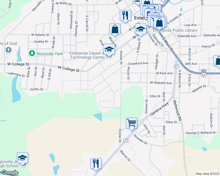 map of restaurants, bars, coffee shops, grocery stores, and more near 804 Goodson Street in Enterprise