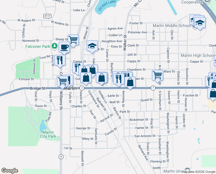 map of restaurants, bars, coffee shops, grocery stores, and more near 403 Live Oak Street in Marlin