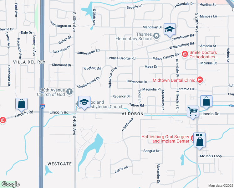 map of restaurants, bars, coffee shops, grocery stores, and more near 109 Regency Drive in Hattiesburg