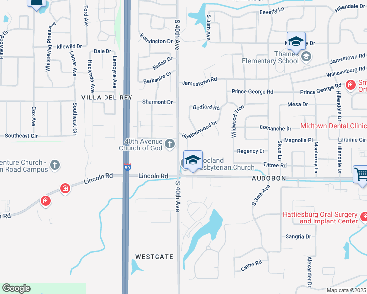 map of restaurants, bars, coffee shops, grocery stores, and more near 103 Darby Road in Hattiesburg