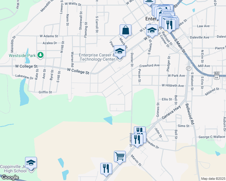 map of restaurants, bars, coffee shops, grocery stores, and more near 806 Goodson Street in Enterprise