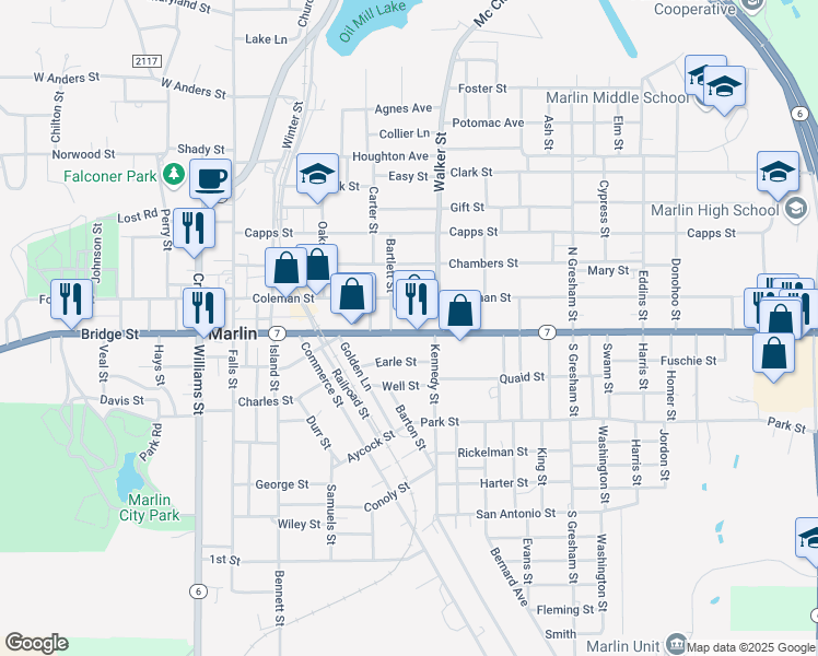 map of restaurants, bars, coffee shops, grocery stores, and more near 423 Live Oak Street in Marlin