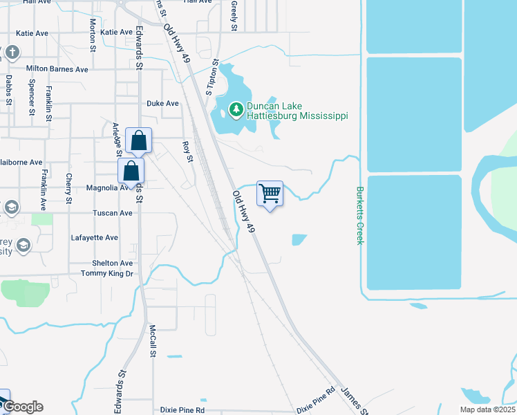 map of restaurants, bars, coffee shops, grocery stores, and more near 1301 James Street in Hattiesburg