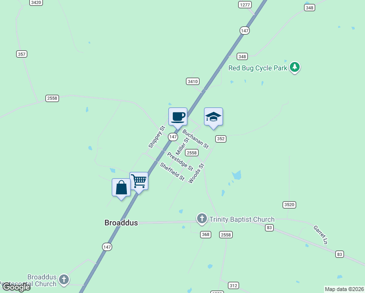map of restaurants, bars, coffee shops, grocery stores, and more near Miller Street in Broaddus